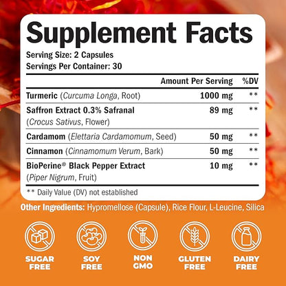 Turmeric Saffron Supplements with Cinnamon powder & Cardamom - Antioxidant Joint Support Supplement Contains Turmeric Curcumin with Black Pepper for Mood, Memory, Eye Health & Well-Being - 60 Capsules