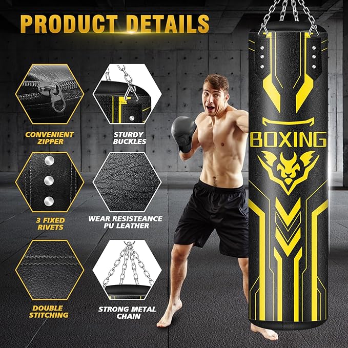 Hanging Punching Bag for Adults, 4ft PU Leather Heavy Boxing Bag Set, Hanging Bag Boxing Equipment for MMA Karate Kickboxing Boxing Home Gym
