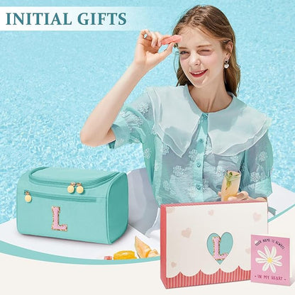 COSHAYSOO Fashion Thank You Birthday Gifts for Women Female Boss Lady Office Manager Counselor Work Anniversary Team Building, Travel Hanging Toiletry Bag Waterproof Toiletries Teal Blue Letter L