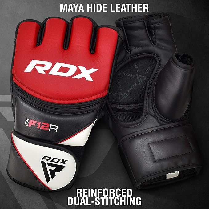 RDX MMA Gloves Grappling Sparring, Maya Hide Leather, Boxing Gloves Men Women Muay Thai Martial Arts Training, Half Finger Adjustable Mitts Wrist Support Kickboxing Cage Fighting Punching Bag Workout