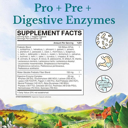 Vitalitown Probiotics 120 Billion CFUs | 36 Strains, with Prebiotics & Digestive Enzymes | Shelf Stable | Digestive Health & Immune Support | Vegan, Non-GMO | Pack of 1 | 60 Delayed Release Veg Caps