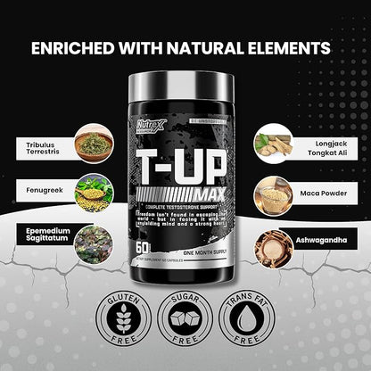 Nutrex Research T-UP Testosterone Booster Supplement for Men - Increase Levels, Boost Strength & Recovery - 60 Capsules