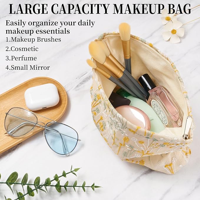 WOZEAH Floral Makeup Bag for Purse Small Cosmetic Pouch,Stylish Zipper Make up Pouch Travel Canvas Toiletry Bags(Plant Embroidery)