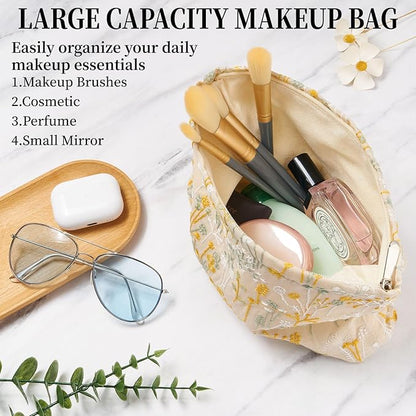 WOZEAH Floral Makeup Bag for Purse Small Cosmetic Pouch,Stylish Zipper Make up Pouch Travel Canvas Toiletry Bags(Plant Embroidery)