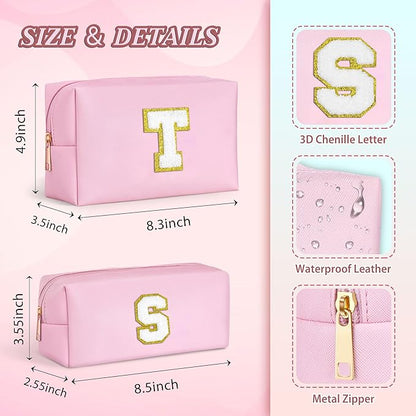 TOPEAST Makeup Bags for Women 2 Pack Personalized Initial Letter Makeup Bag Set, Monogram Cute Makeup Bag PU Leather Waterproof Travel Toiletry Bag Personalized Birthday Gifts For Women, Pink S