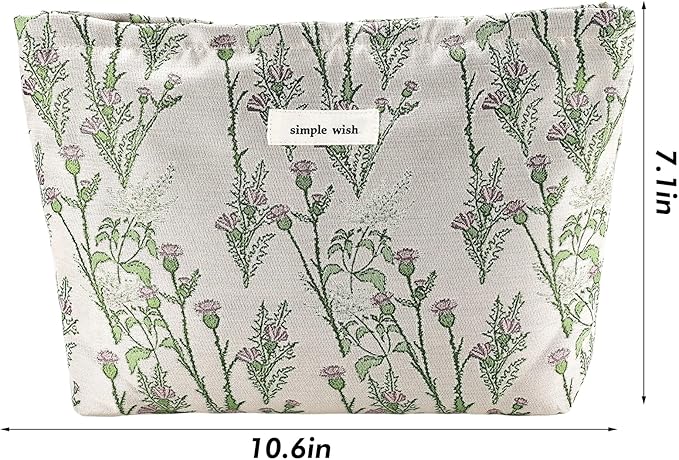 Flower Makeup Bag Travel Large Cosmetic Bag for Women Cute Leaf Makeup Pouch Zipper Cosmetic Pouch for Purse Aesthetic Green Floral Skincare Organizer Portable Toiletry Bag