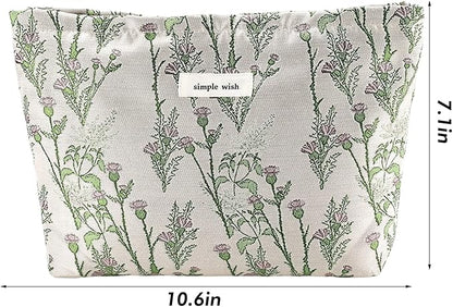 Flower Makeup Bag Travel Large Cosmetic Bag for Women Cute Leaf Makeup Pouch Zipper Cosmetic Pouch for Purse Aesthetic Green Floral Skincare Organizer Portable Toiletry Bag