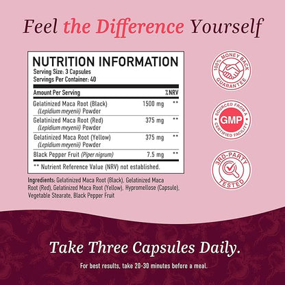 Organic Maca Root Capsules for Women | Peruvian Maca 2250MG Extra Strength | Red, Black & Yellow Maca Pills with Black Pepper | Herbal Supplement to Support Energy, Hormone Balance, Menopause & Cycles