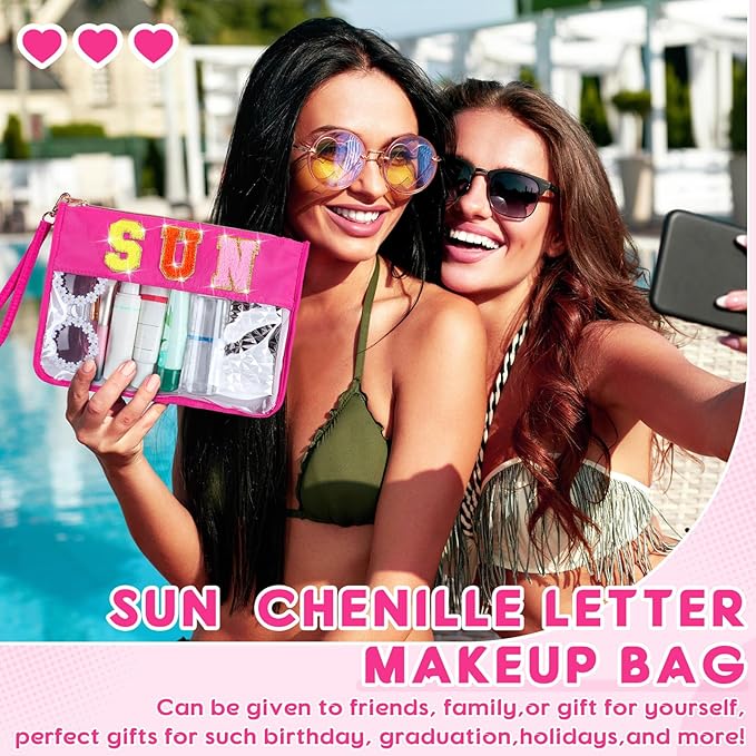 Hillban 2 Pcs Sunscreen Chenille Letter Bags Makeup Cosmetic Bag Waterproof Sun Travel Pouch Beach Pool Things Summer Stuff Preppy Patch Traveling Accessories for Women (Sun Theme)
