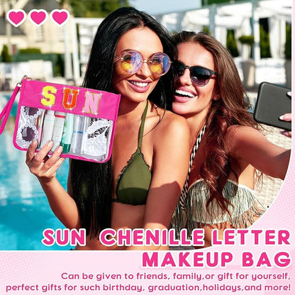 Hillban 2 Pcs Sunscreen Chenille Letter Bags Makeup Cosmetic Bag Waterproof Sun Travel Pouch Beach Pool Things Summer Stuff Preppy Patch Traveling Accessories for Women (Sun Theme)