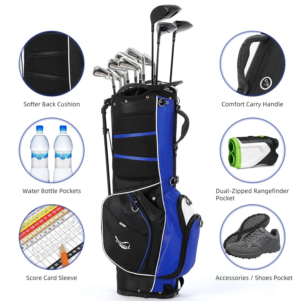 Golf Stand Bag 14 Way Top Dividers Full-Length with Stand, 8 Pockets, Cooler Pouch, Waterproof Golf Bag for Men, Dual Strap, Rain Hood