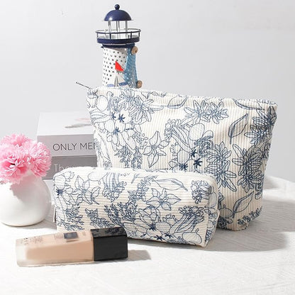 Cosmetic Bag for Women Corduroy Makeup Bag Travel Make Up Organizer Tool Pouch Small Bag for Purse, Zipper Portable Storage Pouch Toiletry Bag for Women (Navy blue flowers)