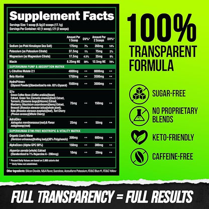 ALPHA LION Superhuman Pump Pre Workout Powder, Nootropic Caffeine & Stim Free Preworkout Supplement, Nitric Oxide Booster, Muscle Gainer, Energy & Focus (42 Servings, Hulk Juice Flavor)