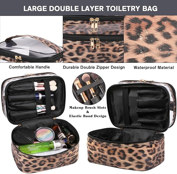 FITINI 3 Pieces Makeup Bags Double Layer Travel Large Leopard Cosmetic Cases Organizer Toiletry Bags Waterproof Small Zipper Pouch for Women Makeup Brush Storage Bag