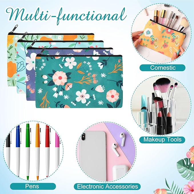 Reginary 20 Pcs Cosmetic Bags for Women Bulk Canvas Flower Makeup Bags with Zipper Floral Spring Multicolor Summer Travel Pouch Small Toiletry Organizer for Mother's Day Graduation Friend Gifts