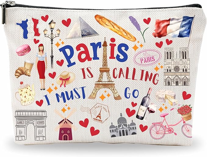 Paris Souvenirs Makeup Bags For Women，Paris Is Calling I Must Go, Travel Cosmetic Bag,Toiletry Pouch,Small Zipper Storage Bag, Paris Themed Gifts, Women Essentials - D01