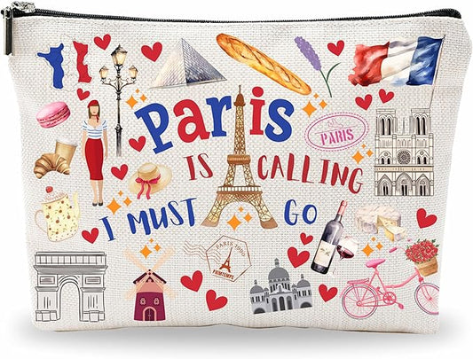 Paris Souvenirs Makeup Bags For Women，Paris Is Calling I Must Go, Travel Cosmetic Bag,Toiletry Pouch,Small Zipper Storage Bag, Paris Themed Gifts, Women Essentials - D01