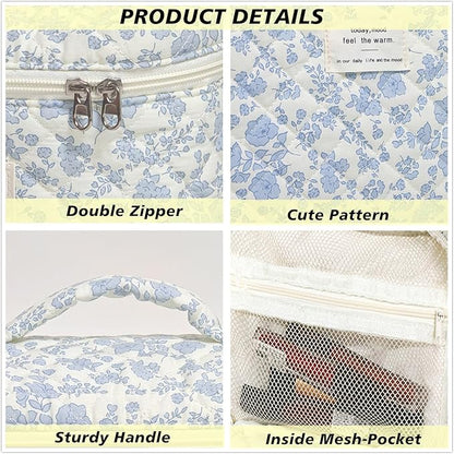Makeup Bag, Quilted Makeup Bag Set of 3, Large Floral Make Up Bag for Women, Cotton Makeup Bag with Handle, Cosmetic Bag Organizer for Women Travel Set (Light Blue Flower)