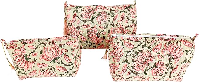 Rastogi Handicrafts Cosmetic Bags Set, 3 Piece Make Up Organizer Bag Storage Bags with Zipper Closure (3, Beige, Design-2)