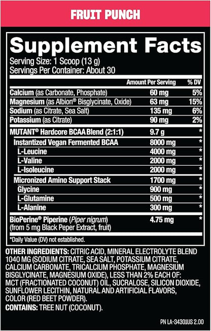 Mutant Hardcore BCAA - Pre, Intra or Post Workout – BCAA Next Level branched-Chain Amino Acids Supplement – Hydration + Recovery - 30 Serving - Fruit Punch