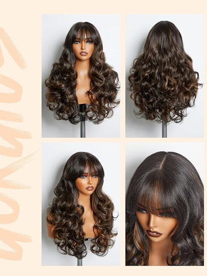 GORGIUS Glueless Wavy Wig with Bangs Highlight Brown Synthetic Curtain Bang Wig with Realistic Scalp 22 Inch
