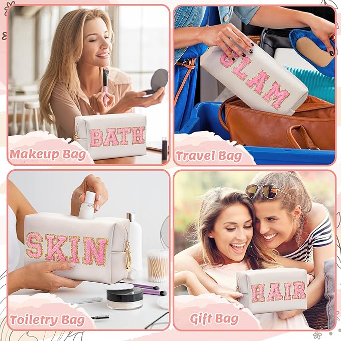 CY2SIDE GLAM Letter Makeup Bag - 4PCS Pink Glam Skin Hair Bath Chenille Letter Patch Cosmetic Bag Preppy PU Leather Patch Pouch Waterproof Portable Zipper Travel Organizer Xmas Gifts for Women Girls