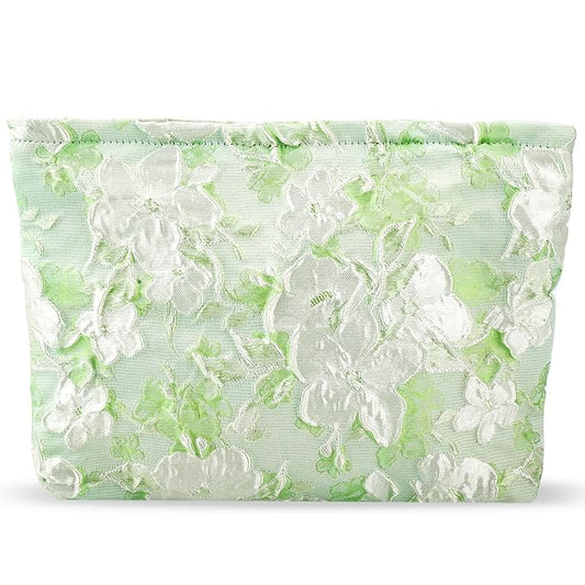 ZLFSRQ Flower Makeup Bag for Women Girls Teens Travel Cute Floral Cosmetic Bags Large Zipper Cosmetic Pouch for Purse Portable Toiletry Bag Aesthetic Embossed Green Makeup Brushes Storage Organizer