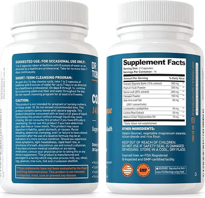 Dr. Tobias Colon 14 Day Cleanse, Advanced Gut Cleanse Detox for Women & Men with Cascara Sagrada, Psyllium Husk, Senna Leaf & Probiotics, Non-GMO Colon Cleanse, 28 Capsules 1-2 Daily