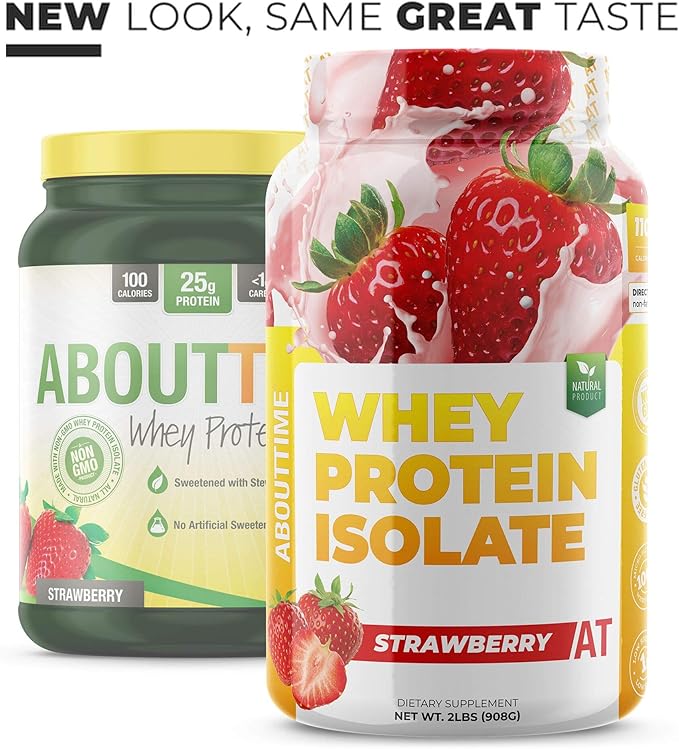 About Time Whey Protein Isolate Strawberry 2lb - 25g Protein, Non-GMO, 0g Fat, 0g Sugars, No Artificial Sweeteners, 32 Servings