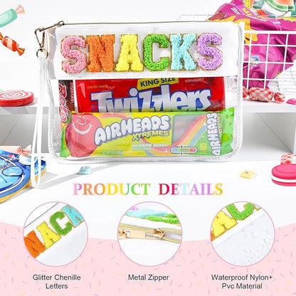 Snack Bags Clear Chenille Letter Pouch Travel Bag Zipper Nylon Makeup Bag Organizer Cosmetic Pouch Toiletry Bag Waterproof Summer Travel Gifts for Women