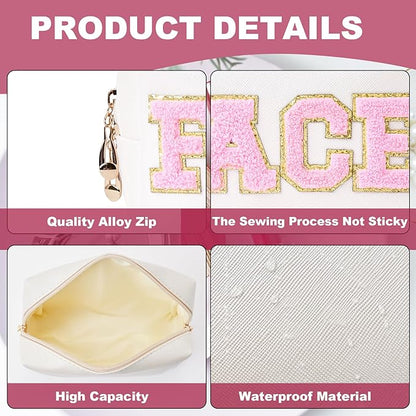 Face Bag Preppy Travel Makeup Bag Organizer Patch Large Varsity Stoney Clover Chenille Letter Cosmetic Toiletry Nylon Cute Preppy Bags PU Leather Waterproof Portable Pouch Storage Purse