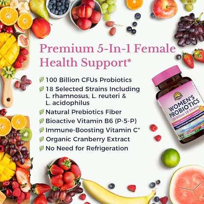 Vitalitown Women’s Probiotics | 100 Billion CFUs 18 Strains | Prebiotics, VC & B6, Cranberry | Shelf Stable | Vaginal, Urinary, Digestive & Mood Support | 60 Vegan Caps