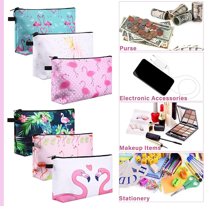 Sanwuta 12 Pieces Cosmetic Makeup Bags Printed Roomy Toiletry Waterproof Beauty Bag Organizer Pouches with Zipper Makeup Accessories for Women(Flamingo Style)
