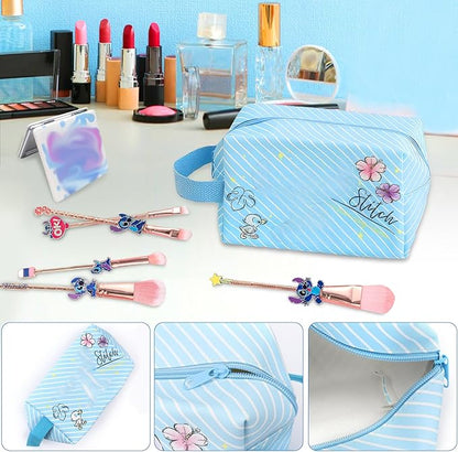 Stitch Travel Makeup Bag Large Capacity Cosmetic Bags Cartoon PU Small Skin Care Bags for Girls Women Mirror Makeup Brush