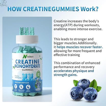 Creatine Monohydrate Gummies 5000mg for Men & Women, Chewables Creatine Monohydrate for Muscle Strength, Muscle Builder, Energy Boost, Pre-Workout Supplement(90 Count)-Blueberry