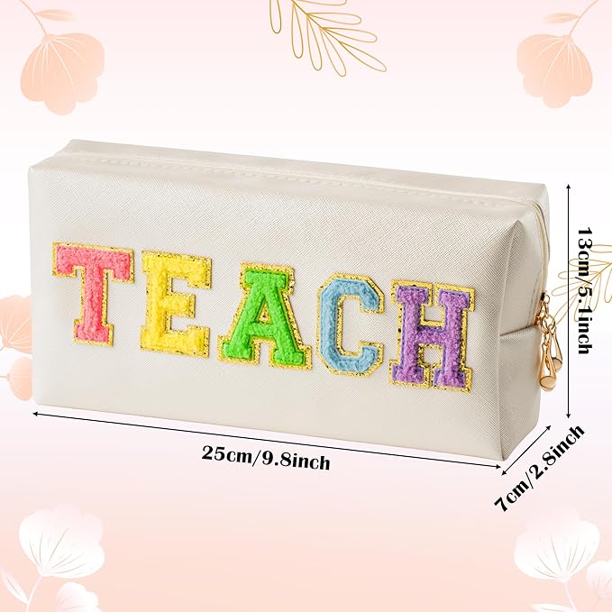 CY2SIDE Colorful TEACH Letter Patch Makeup Bag Shell Gold PU Leather Patch Cosmetic Bag with TEACH Chenille Letter for Travel Waterproof Portable Zipper Travel Organizer for Teacher Appreciation Gifts