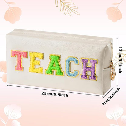 CY2SIDE Colorful TEACH Letter Patch Makeup Bag Shell Gold PU Leather Patch Cosmetic Bag with TEACH Chenille Letter for Travel Waterproof Portable Zipper Travel Organizer for Teacher Appreciation Gifts