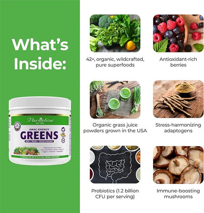 Paradise Herbs, ORAC Energy Greens Powder, Antioxidant Power of 24 Servings of Fruits & Vegetables in 1 Scoop, 15 Servings