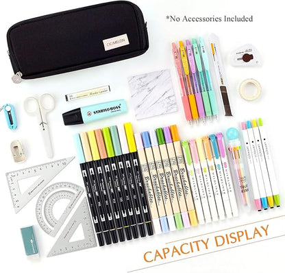 CICIMELON Large Capacity Pencil Case 3 Compartment Pouch Pen Bag for School Teen Girl Boy Men Women (Black)