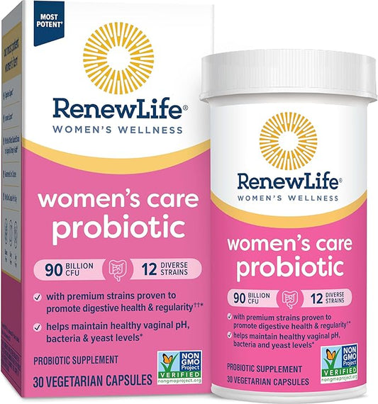 Renew Life Women's Probiotic Capsules, Supports pH Balance for Women, Vaginal, Urinary, Digestive and Immune Health, L. Rhamnosus GG, Dairy, Soy and Gluten-Free, 90 Billion CFU - 30 Ct