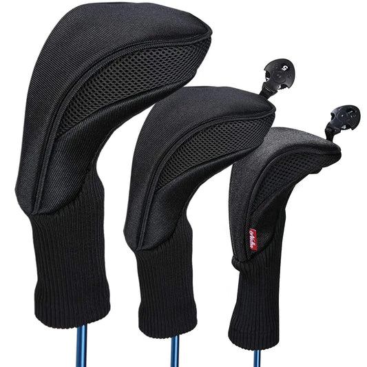 Black Golf Club Head Cover for Driver Fairway 3 Pcs Woods Headcovers, Golf Accessories Hybrid Head Covers Set with Interchangeable Tags 3 4 5 7 X