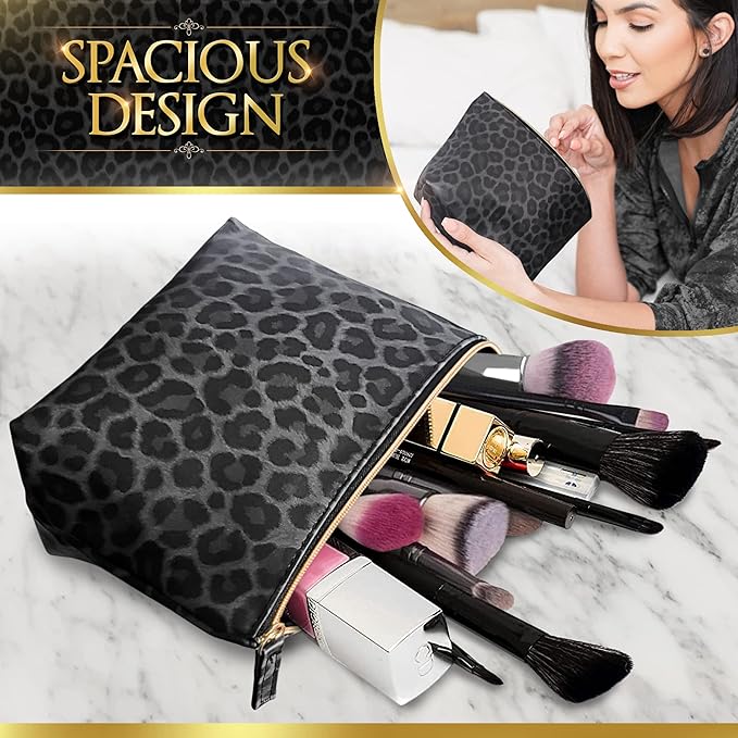 Vegan Leather Black Leopard Print Makeup Bag for Purse Make Up Bag - Cute Travel Accessories Small Cosmetic Zipper Pouch - Girly Girl Stuff Black Cheetah Print Gifts for Women Girls Aesthetic Things