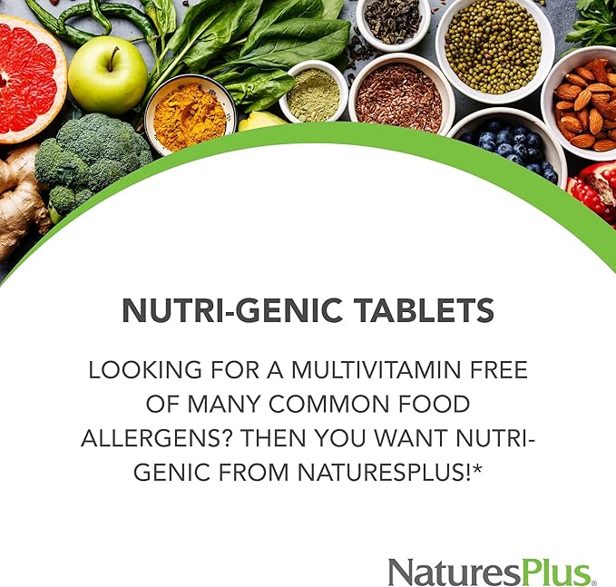 Natures Plus Nutri-Genic Multivitamin - 180 Vegetarian Tablets - Hypo-Allergenic Natural Multivitamin & Mineral Supplement for Sensitive People - Allergen-Free, Gluten-Free - 90 Servings