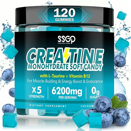 Creatine Monohydrate 6200 mg Soft Gummies for Men and Women - with Taurine and Vitamin B12, Enhances Energy -Muscular - Endurance - Vegetarian - Workout Supplement - Blueberry Gummies(120 Count)