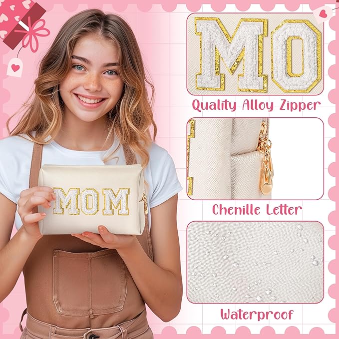 CY2SIDE MOM Letter Makeup Bag - White Mom Chenille Letter Patch Cosmetic Bag Pink PU Leather Patch Travel Pouch Waterproof Portable Zipper Travel Organizer Case Christmas Idea Gifts for Mother Women