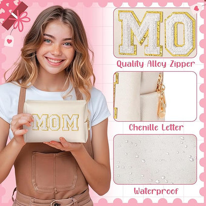 CY2SIDE MOM Letter Makeup Bag - White Mom Chenille Letter Patch Cosmetic Bag Pink PU Leather Patch Travel Pouch Waterproof Portable Zipper Travel Organizer Case Christmas Idea Gifts for Mother Women