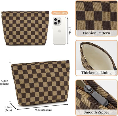 WOZEAH Corduroy Makeup Bag for Purse Small Cosmetic Pouch,Stylish Zipper Make up Pouch Travel Canvas Toiletry Bags(Dark Brown Checkered)