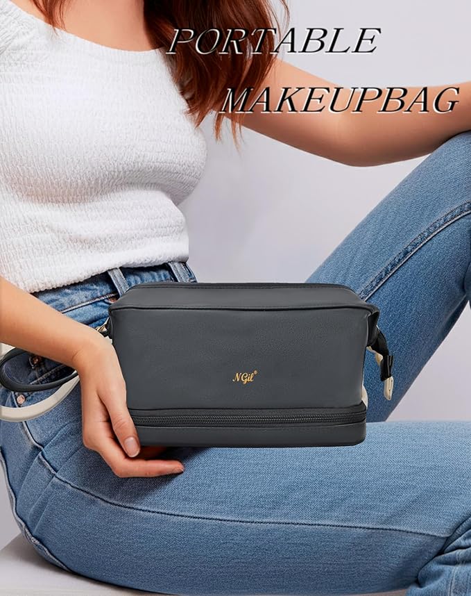 NGIL Faux Leather Cosmetic Bag for Women, Makeup Bag Organizer, Makeup Brush Storage, Portable Travel Bag for Toiletries (Solid, Black, Medium)