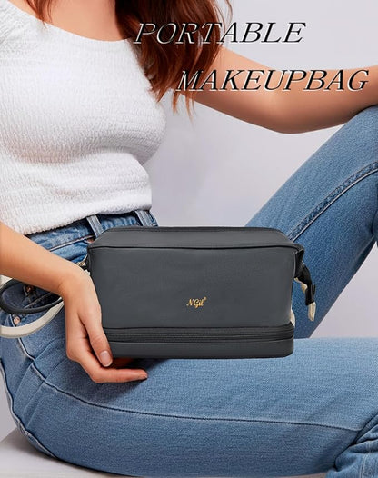 NGIL Faux Leather Cosmetic Bag for Women, Makeup Bag Organizer, Makeup Brush Storage, Portable Travel Bag for Toiletries (Solid, Black, Medium)