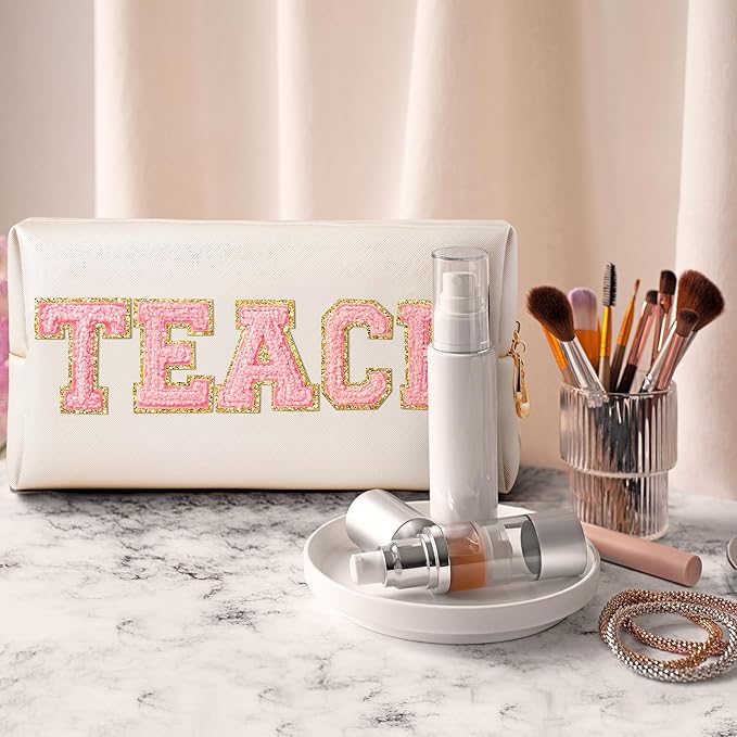 CY2SIDE TEACH Letter Makeup Bag - Pink TEACH Chenille Letter Patch Cosmetic Bag Shell Gold PU Leather Patch Travel Pouch Waterproof Portable Zipper Travel Organizer Case for Teacher Appreciation Gifts